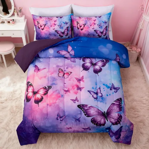 Vista 13 de Btargot Juego de edredón de 3 piezas con diseño de mariposas para niños, juego de cama con estampado de flores coloridas para mujeres y niñas