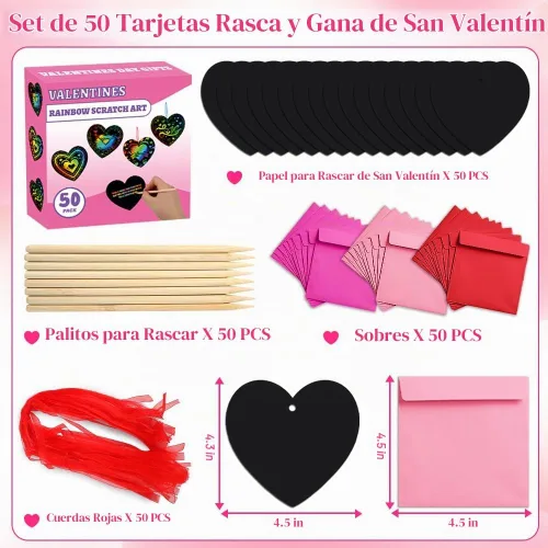 Vista 2 de MDCGFOD Paquete de 50 regalos para el día de San Valentín para niños, cuna de corazón para arañar arco iris, manualidades de San Valentín para 50