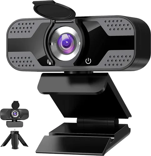Vista 8 de Webcam Full HD 1080P con micrófono incorporado y trípode giratorio, placa de fibra de carbono y cubierta de privacidad, corrección de luz