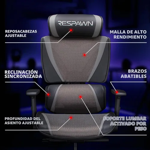 Vista 4 de Respawn Silla de oficina de malla ergonómica Specter con reposacabezas y Gris (Graphite Grey)