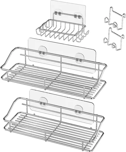 Vista 12 de Nieifi - Estante adhesivo para ducha con estantes de almacenamiento sin perforación de acero inoxidable con ganchos para baño, lavabo, aseo