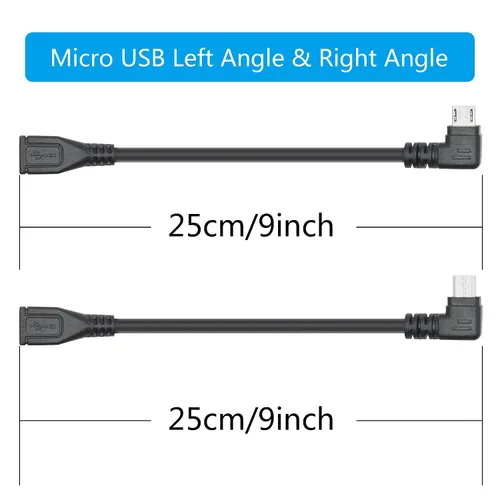Vista 7 de Cable de extensión micro USB corto de 9 pulgadas, 90 grados de ángulo izquierdo y recto micro USB macho a hembra de 5 pines de datos de carga