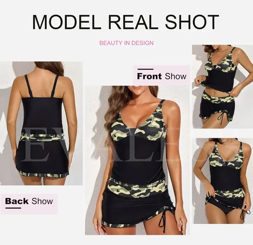 Vista 3 de EVALESS Traje de baño tankini para mujer, 2 piezas, estampado, parte superior tankini con falda con cordón, traje de baño