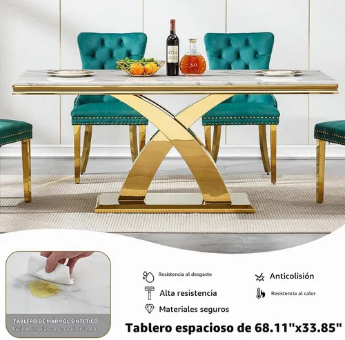 Vista 4 de Juego de mesa de comedor moderna de mármol sintético de oro blanco de 68 pulgadas para 6, juego de mesa rectangular de 7 piezas con patas de acero