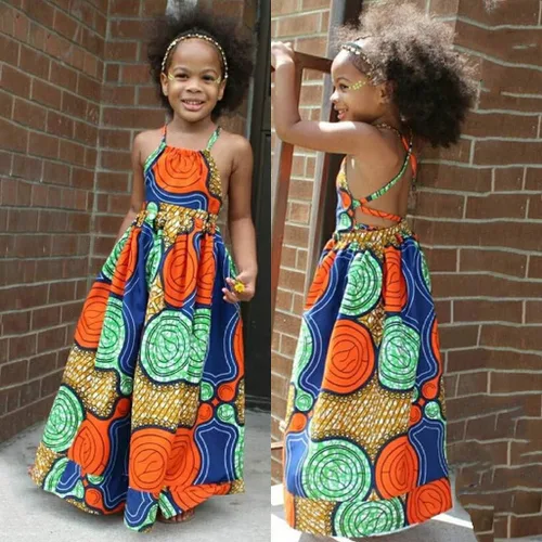 Vista 2 de Vestido de princesa africana Dashiki con tirantes 3D para niñas y niñas pequeñas (naranja, 6-7 años)