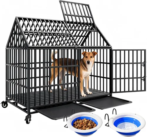 Vista 9 de Jaula resistente de 44 pulgadas para perros con ruedas, de acero indestructible a prueba de escapes, para perros de alta ansiedad, grandes