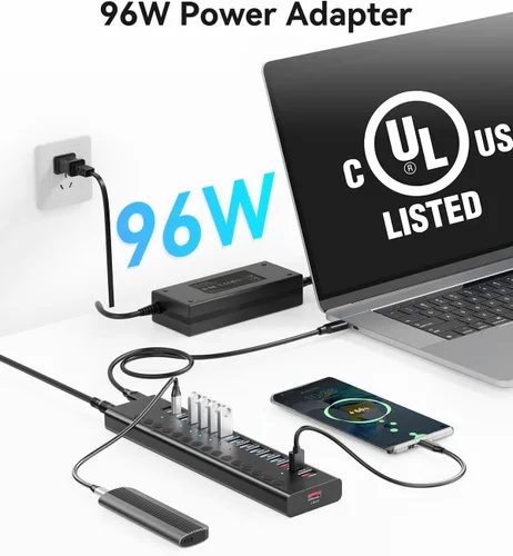 Vista 6 de Hub USB 3.0 alimentado, Splitter de Hub USB de 16 puertos (10 USB-A 3.0+2 QC 24W de carga rápida+2 de carga inteligente+2 puertos USB-C 3.0)