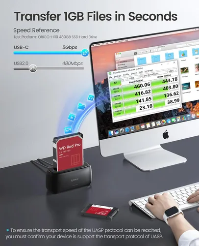 Vista 3 de ORICO Estación de acoplamiento de disco duro para USB C 2.5"/3.5" SSD HDD SATA I II III Base de disco duro externo 22TB 2 en 1 Tipo C a USB A Cable