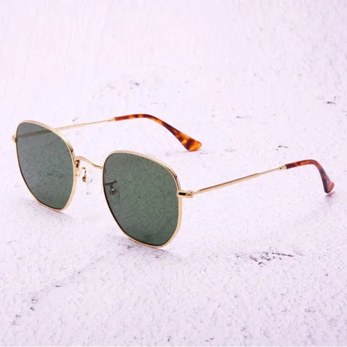 Vista 4 de Lentes de sol hexagonales con lente de cristal retro para hombres y mujeres, marco de metal cuadrado vintage, lentes planas, lentes de sol
