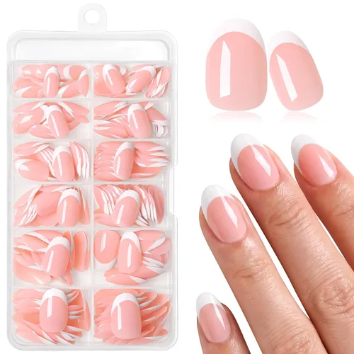 Vista 19 de 240 uñas postizas de punta francesa a presión, uñas postizas medianas de almendra, uñas blancas de punta francesa a presión, uñas acrílicas a