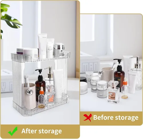 Vista 4 de Ayswupt Organizador Acrílico de 2 Niveles para Mostrador de Baño, Organizador de Maquillaje para Tocador, Estante Organizador Transparente