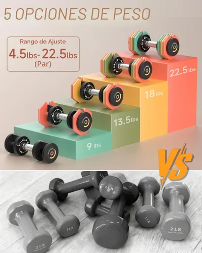 Vista 5 de Adjustable Dumbbells Set 22.5LB Pair, 1-Sec Fast Adjustable 5 Free Weights, Premium Comfort Non-slip Metal Handle, Compact Size for Full Body Home