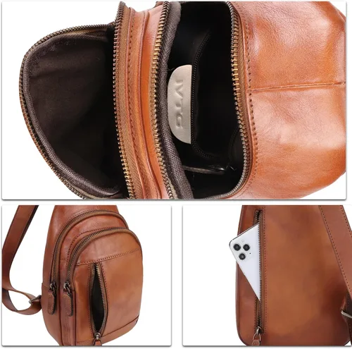Vista 7 de Bolso bandolera de cuero genuino para el pecho, mochila cruzada casual, mochila vintage hecha a mano para senderismo, bolsa de motocicleta (marrón) M