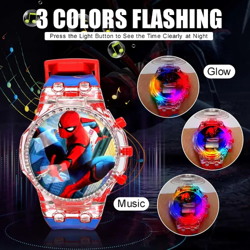 Vista 3 de Tawekel Spider-Man - Reloj de música luminoso, esfera giratoria, reloj digital de dibujos animados, regalo de San Valentín para niños y niñas