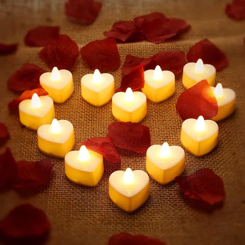 Vista 6 de Mudder 12 velas LED en forma de corazón, velas LED con 200 pétalos de rosa de seda dispersos, pétalos artificiales para el día de San Valentín, Luz