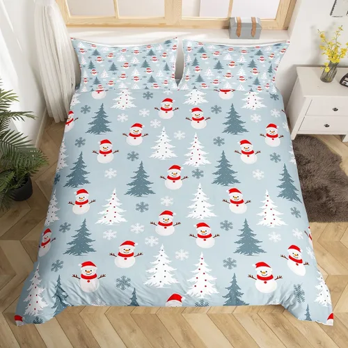 Vista 26 de Juego de ropa de cama de Feliz Navidad, funda de edredón azul con árbol de Navidad para niñas y niños, elegante funda de edredón de copo de nieve