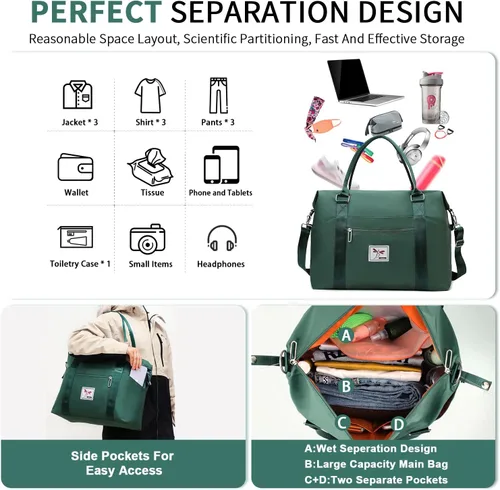 Vista 3 de FIORETTO Bolsa de viaje para fin de semana, bolsas de noche con bolsa de transporte para mujer, Verde oscuro