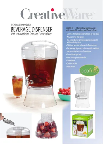 Vista 3 de CreativeWare Dispensador de bebidas de 3 galones con cilindro de hielo e infusor de frutas