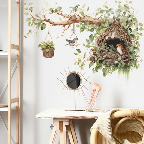 Vista 5 de Vinilo decorativo de nido de pájaro y rama de árbol, adhesivo decorativo de vinilo para pared de rama de árbol grande con diseño de cesta colgante