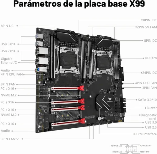 Vista 6 de X99 Placa base de doble CPU LGA 2011-3 Placa base de servidor para Intel i7 5ª/6ª generación Xeon E5 V3/V4 Series