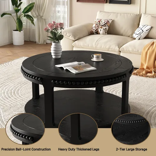 Vista 9 de WILLIAMSPACE Mesa de centro redonda de madera maciza de 31.5 pulgadas con parte superior gruesa de dos niveles, mesa central de madera moderna, mesa