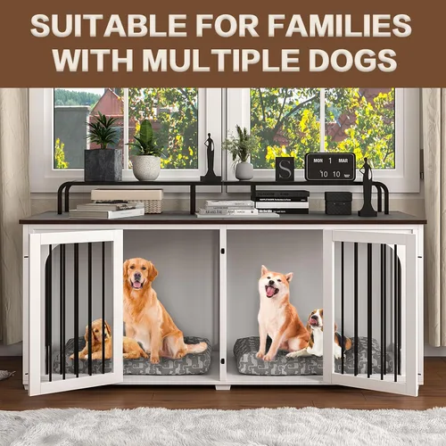 Vista 6 de Mueble grande para perrera para 2 perros, 74.8 pulgadas, XXL de madera doble para perros, estilo de muebles con divisor para razas grandes
