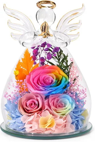 Vista 18 de Regalos para mamá, regalos de cumpleaños para mujeres, rosa preservada para siempre, flor en cristal, figuras de ángel, flores frescas para entrega