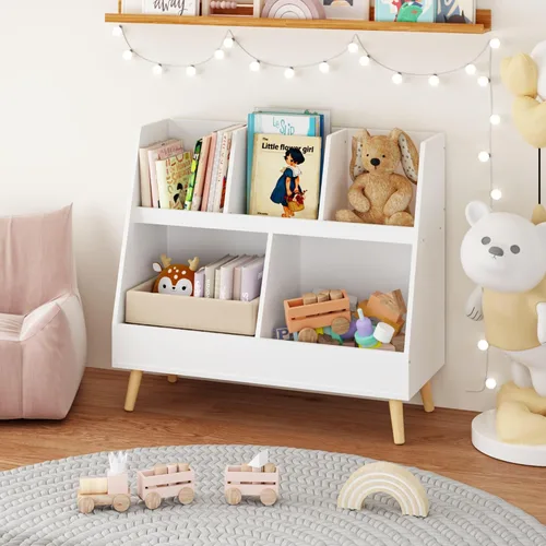 Vista 4 de GDFStudio Estantería para niños y organizador de almacenamiento de juguetes, 5 cubículos, estantería abierta de madera con 2 cubos grandes y patas