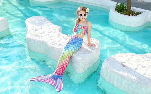 Vista 5 de DNFUN Traje de baño de sirena de 3 piezas para niñas, con cola de sirena, sin monoaleta