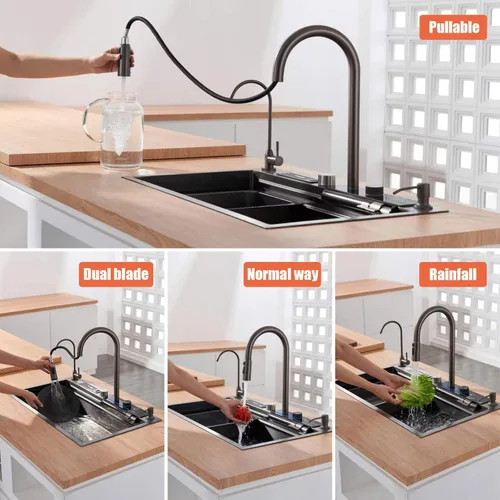 Vista 4 de BEITH Fregadero de cocina moderno, fregadero multifunción de 29 x 17 pulgadas, pantalla digital inteligente, cascada de ángulo ajustable con 3 modos