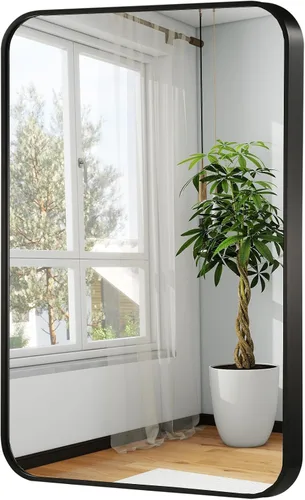 Vista 8 de Espejo de baño de níquel cepillado de 16 x 24 pulgadas, espejo rectangular enmarcado con esquina redondeada, espejo cepillado, espejo de baño