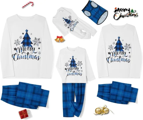 Vista 6 de Awoscut - Conjunto de pijamas navideños a juego, con estampado en la parte superior y pantalones a cuadros #B-7