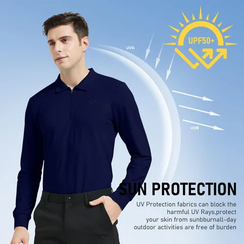 Vista 6 de JINSHI Camisas de golf de manga larga para hombre, polos deportivos con cremallera de 14