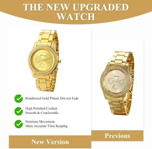 Vista 4 de JewelryWe Luxury Mens Women's Gold Dress Watch Stainless Steel Bling Rhinestones Quartz Wrist Watches