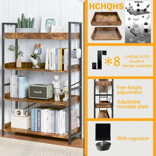 Vista 5 de HCHQHS - Estantería de 4 niveles, estantería industrial ajustable, estantería alta vertical, estanterías abiertas de madera y metal negro
