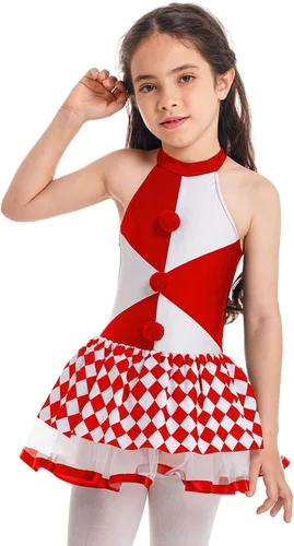Vista 2 de JEATHA Vestido de leotardo de malla sin mangas con tutú para niñas, disfraz de payaso para Halloween, espectáculo de circo