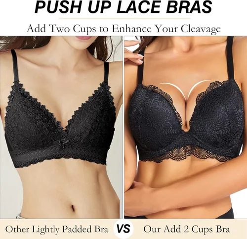 Vista 2 de Women's Push Up Lace Bra Padded Add 2 Cups Support Underwire Lift Up Deep V Bra for Women