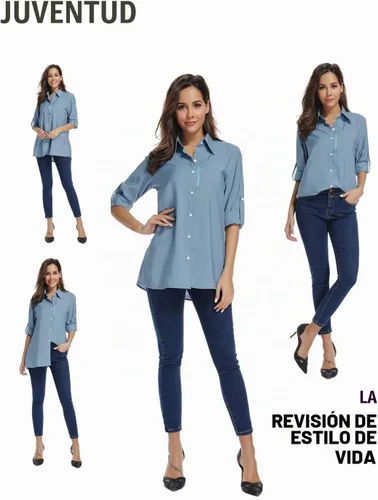 Vista 3 de Camisas de manga larga con protección solar UPF 50 para mujer, de secado rápido, para pesca al aire libre, senderismo, viajes 5019 Azul