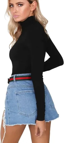 Vista 3 de LOVFEE Camiseta básica de algodón de manga larga y cuello alto suave para mujer