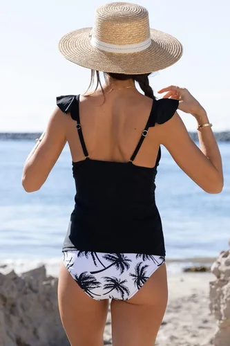Vista 3 de Beachsissi Conjunto de tankini con estampado de leopardo y hombros con volantes para mujer, Negro