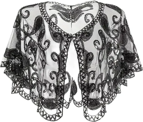 Vista 14 de Chales envolventes para mujer de los años 1920 con lentejuelas y cuentas, chales nupciales estilo flapper, capa de noche A #. Estilo 2-negro y dorado