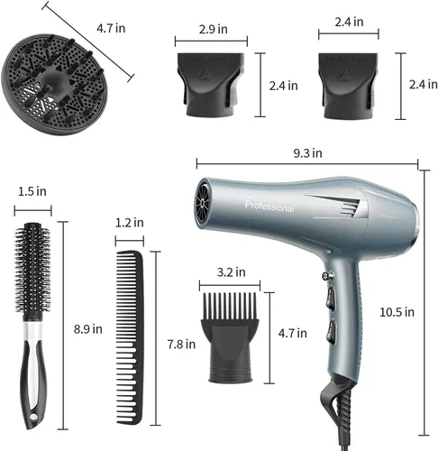 Vista 8 de Secador de Pelo Iónico para Salón, Profesional con Motor de CA, Secado Rápido con 2 Velocidades, 3 Ajustes de Calor, Botón de Enfriamiento, con Gris