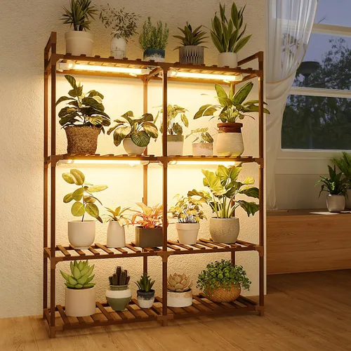 Vista 12 de Bamworld - Soporte esquinero para plantas de interior y exterior, mesa pequeña para varias plantas, estante de madera para jardín, patio, césped