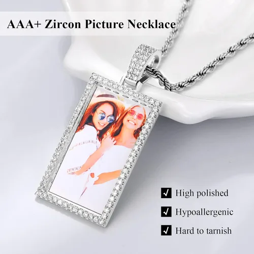Vista 6 de TUHE Custom Picture Necklaces For Men Women 18K Gold Plated Personalized Photo Pendant Customized Diamond Square Engraved Silver Memorial Rip Chain