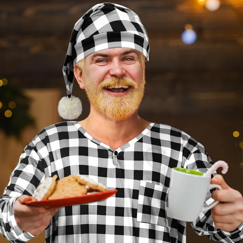 Vista 4 de Conjunto de camisa de dormir y gorro de dormir de manga larga para hombre con diseño de cuadros navideños y gorro de dormir con pompones