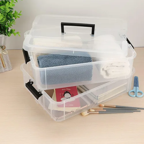 Vista 2 de BTSKY Caja de almacenamiento portátil multiusos de 2 capas, organizador de almacenamiento portátil multiusos para organizar papelería, costura, Negro