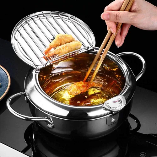 Vista 2 de WSHA Olla de acero inoxidable para freidora, sartén con control de temperatura, estilo japonés, Tempura con escurridor de aceite, para cocina