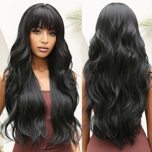 Vista 13 de Allbell - Pelucas largas negras para mujer, rizada, sintética, con flequillo, onda corporal, de aspecto natural, fibra resistente al calor, cabello