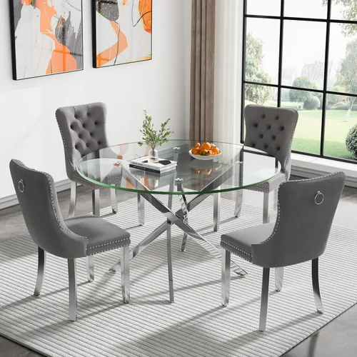 Vista 80 de Juego de mesa de comedor SSLine moderno de 3 piezas con mesa redonda de vidrio para 2, lujosa mesa de comedor circular de 36" con tapa de vidrio