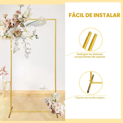Vista 3 de Soporte de fondo de arco de boda dorado, globo cuadrado de 6.6 x 3.3 pies y marco de metal de flores para ceremonia, aniversario, fiesta, decoración